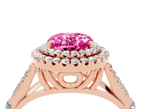 Rose gold Double Halo Oval Cut Pink Sapphire Pavé Split Shank Ring with Prong Setting_4