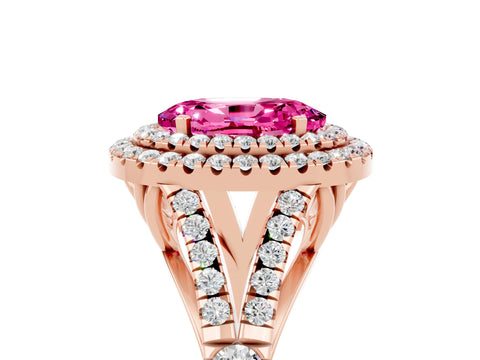 Rose gold Double Halo Oval Cut Pink Sapphire Pavé Split Shank Ring with Prong Setting_5