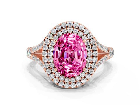 Rose gold Double Halo Oval Cut Pink Sapphire Pavé Split Shank Ring with Prong Setting
