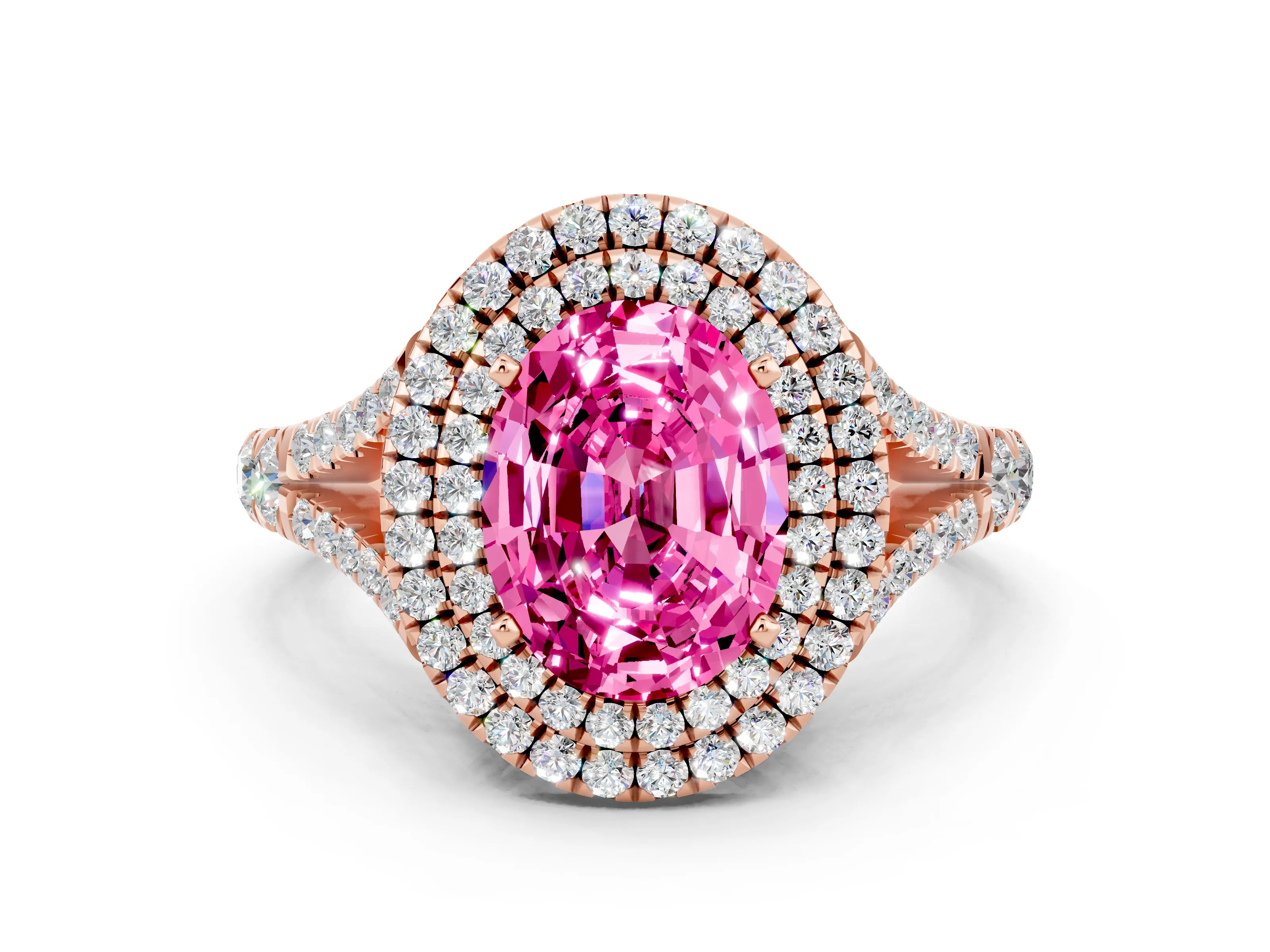 Rose gold Double Halo Oval Cut Pink Sapphire Split Shank Engagement Ring with Four-Prong Setting