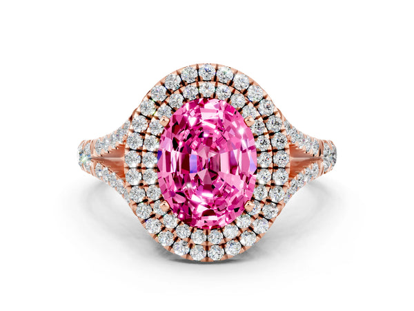 Rose gold Double Halo Oval Cut Pink Sapphire Split Shank Engagement Ring with Four-Prong Setting