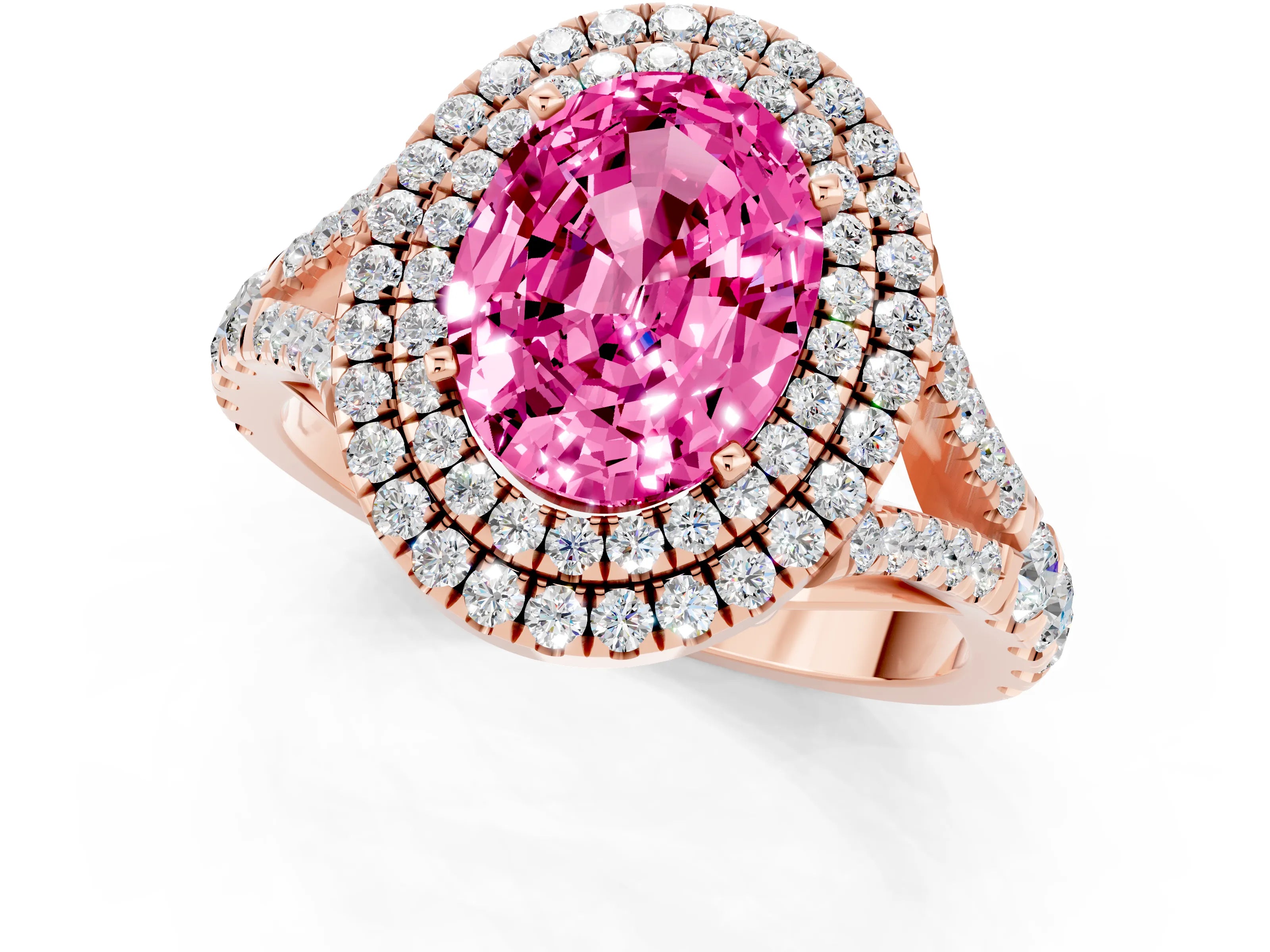 Rose gold Double Halo Oval Cut Pink Sapphire Split Shank Engagement Ring with Four-Prong Setting_1