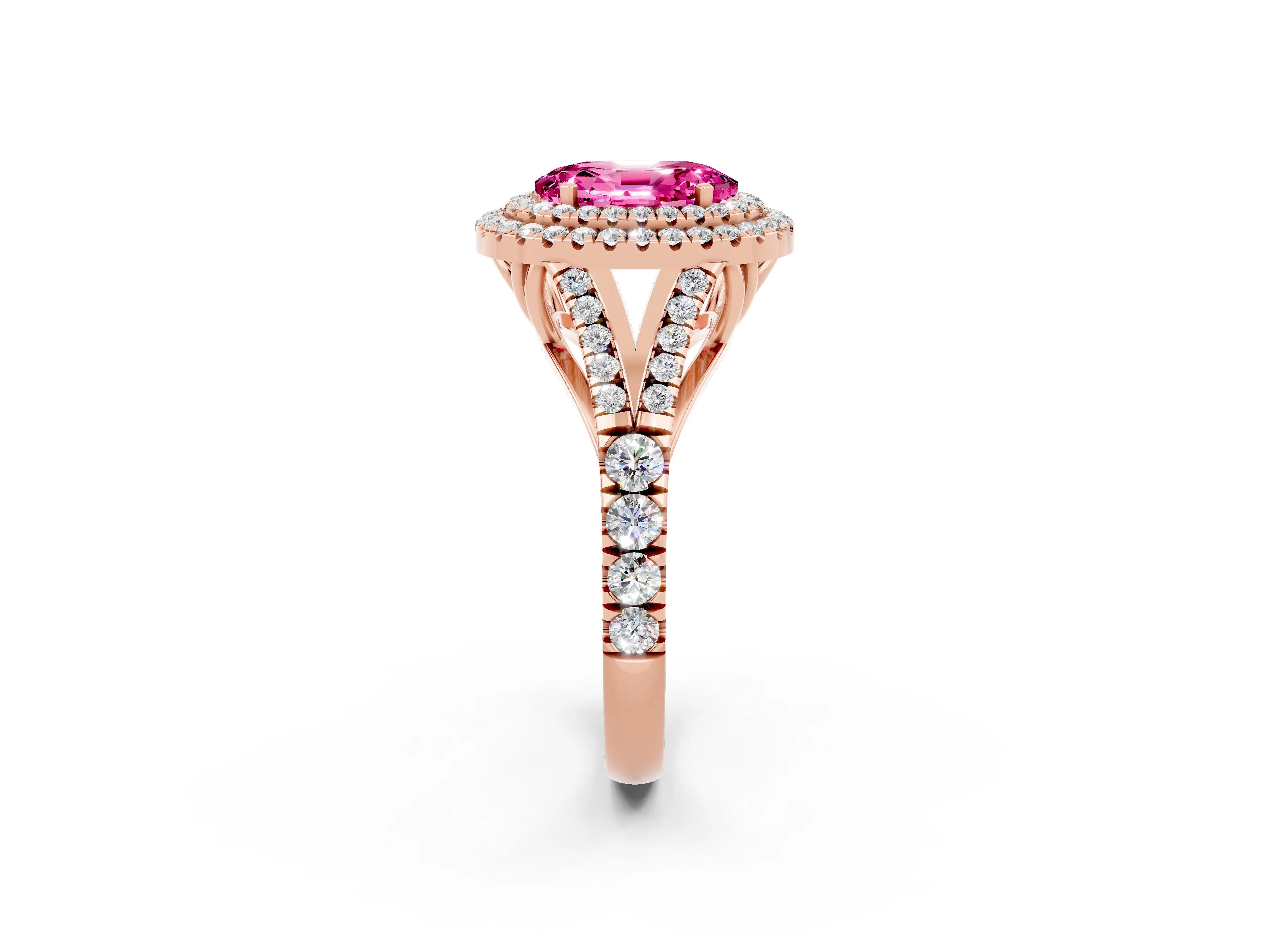 Rose gold Double Halo Oval Cut Pink Sapphire Split Shank Engagement Ring with Four-Prong Setting_2