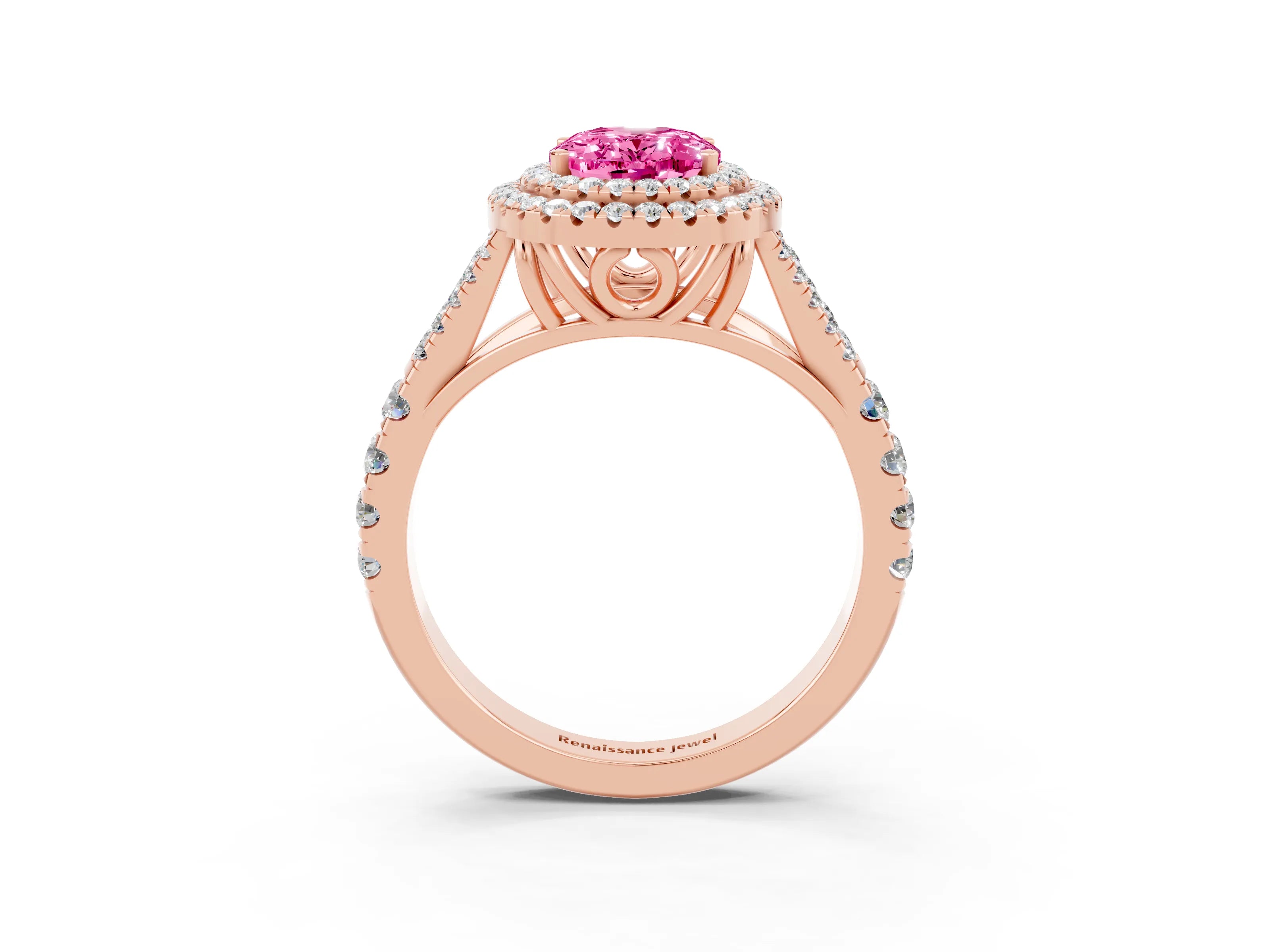 Rose gold Double Halo Oval Cut Pink Sapphire Split Shank Engagement Ring with Four-Prong Setting_3