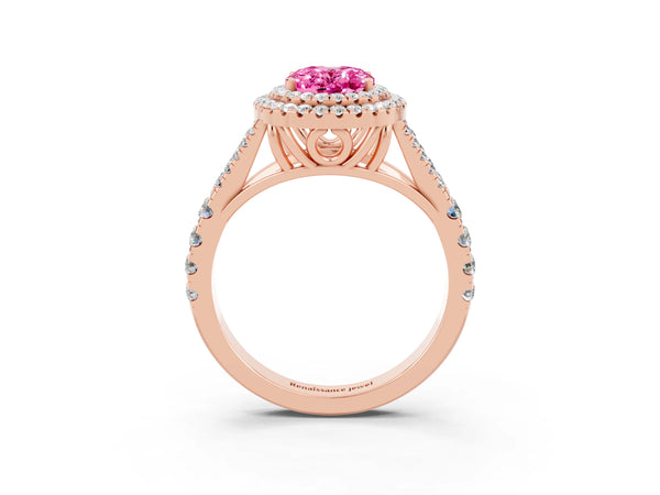 Rose gold Double Halo Oval Cut Pink Sapphire Split Shank Engagement Ring with Four-Prong Setting