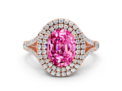 Rose gold Double Halo Oval Cut Pink Sapphire Split Shank Engagement Ring with Four-Prong Setting