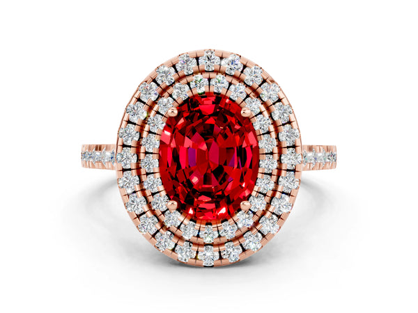 Rose gold Double Halo Oval Cut Ruby Pavé Band with Four-Prong Setting