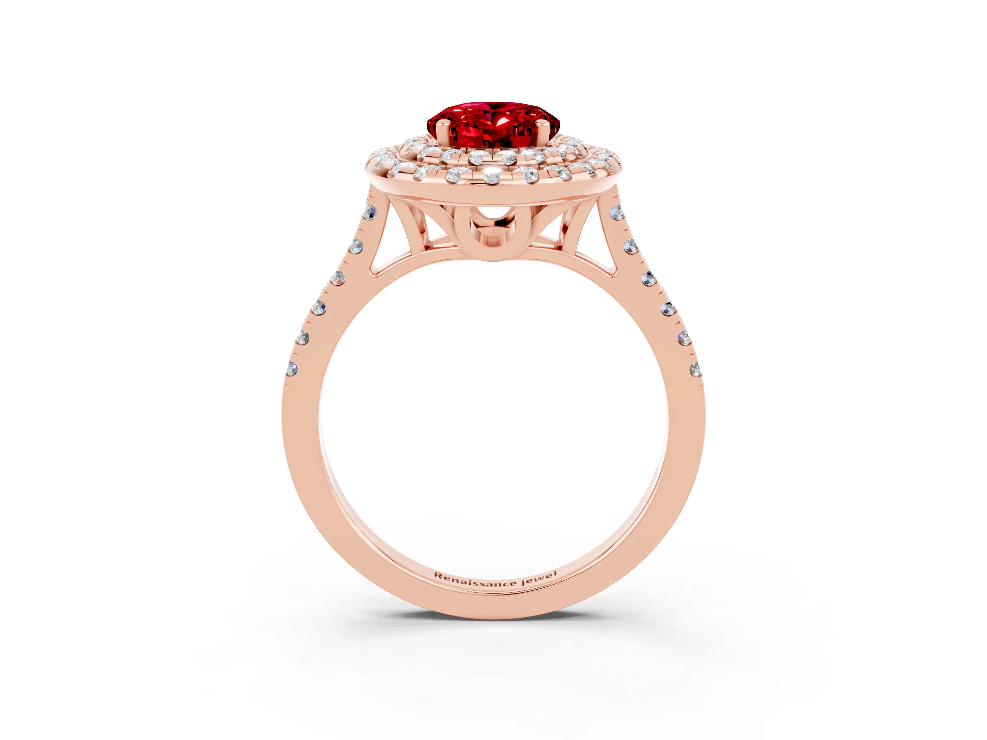 Rose gold Double Halo Oval Cut Ruby Pavé Band with Four-Prong Setting_3