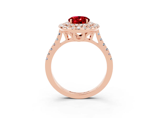 Rose gold Double Halo Oval Cut Ruby Pavé Band with Four-Prong Setting