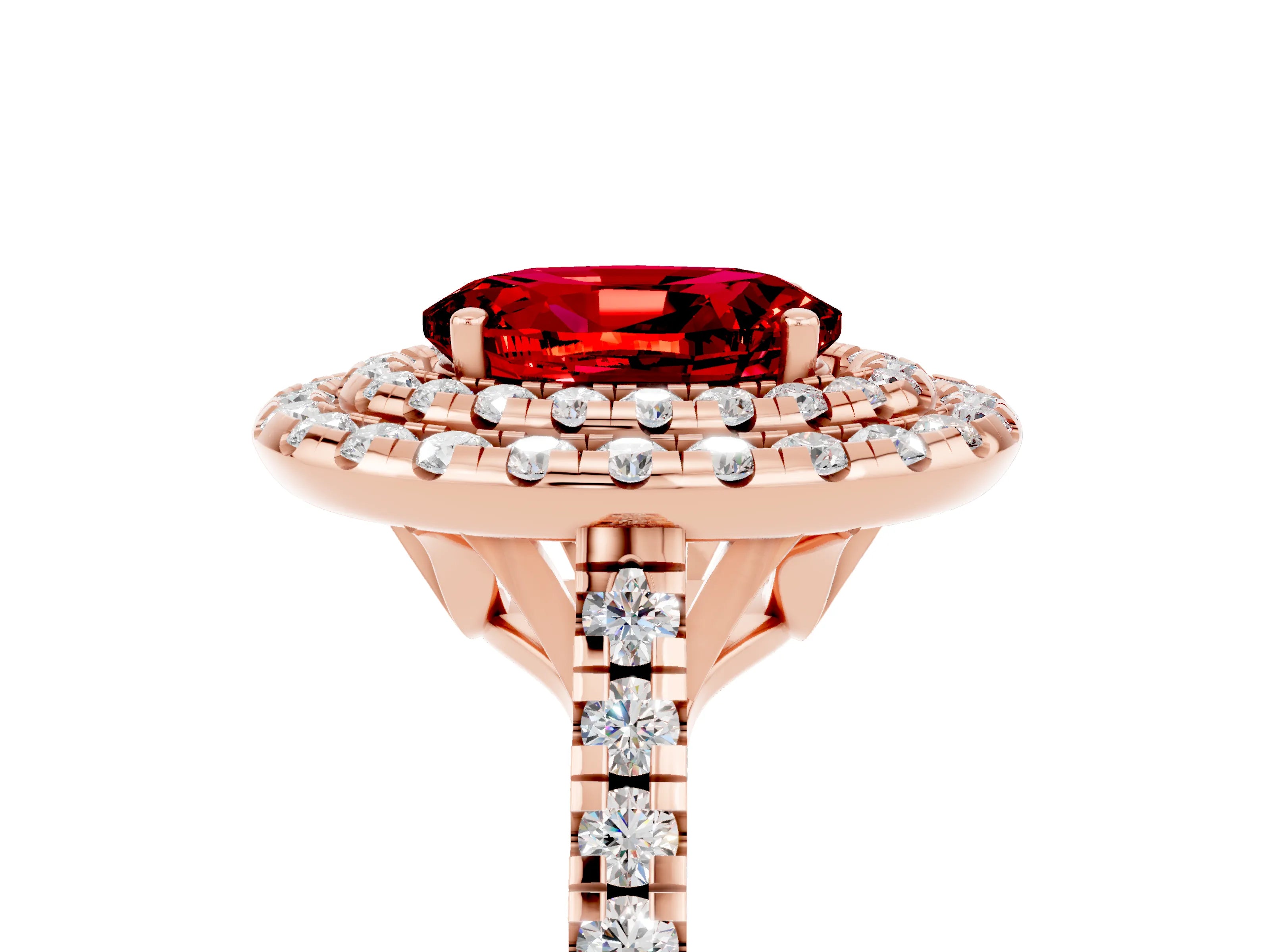 Rose gold Double Halo Oval Cut Ruby Pavé Band with Four-Prong Setting_5