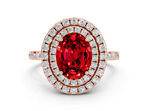 Rose gold Double Halo Oval Cut Ruby Pavé Band with Four-Prong Setting