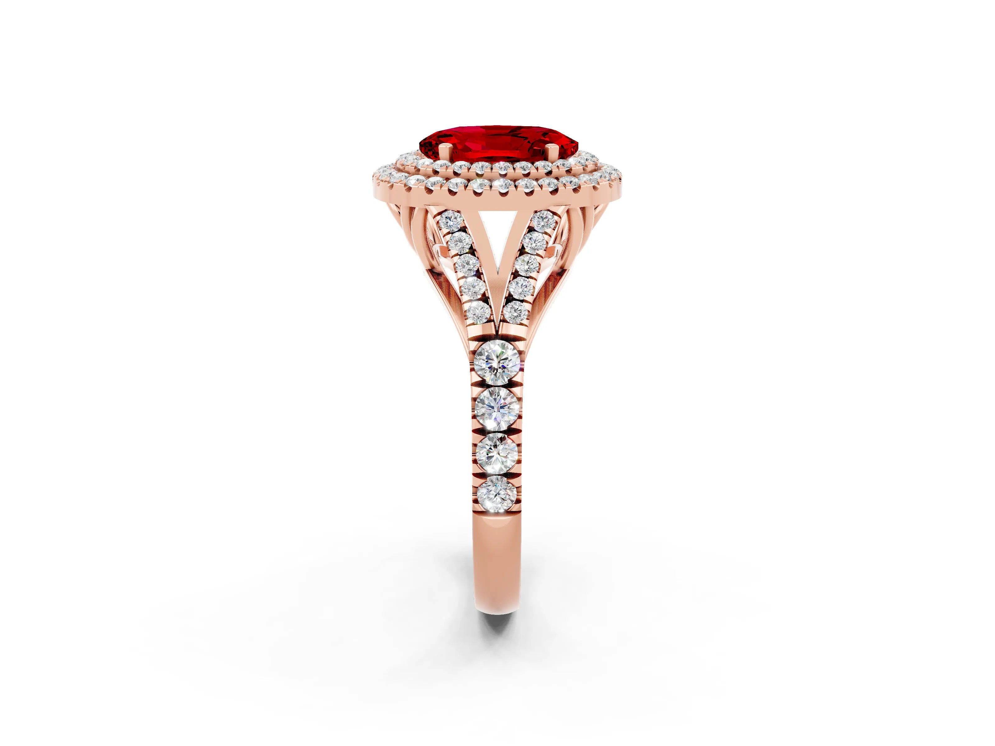 Rose gold Double Halo Oval Cut Ruby Pavé Split Shank Ring with Prong Setting_2