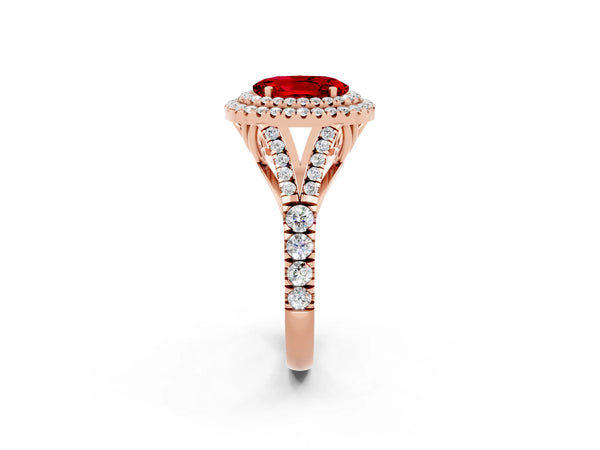 Rose gold Double Halo Oval Cut Ruby Pavé Split Shank Ring with Prong Setting