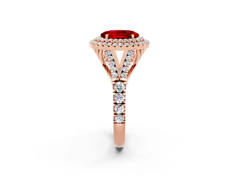 Rose gold Double Halo Oval Cut Ruby Pavé Split Shank Ring with Prong Setting_2