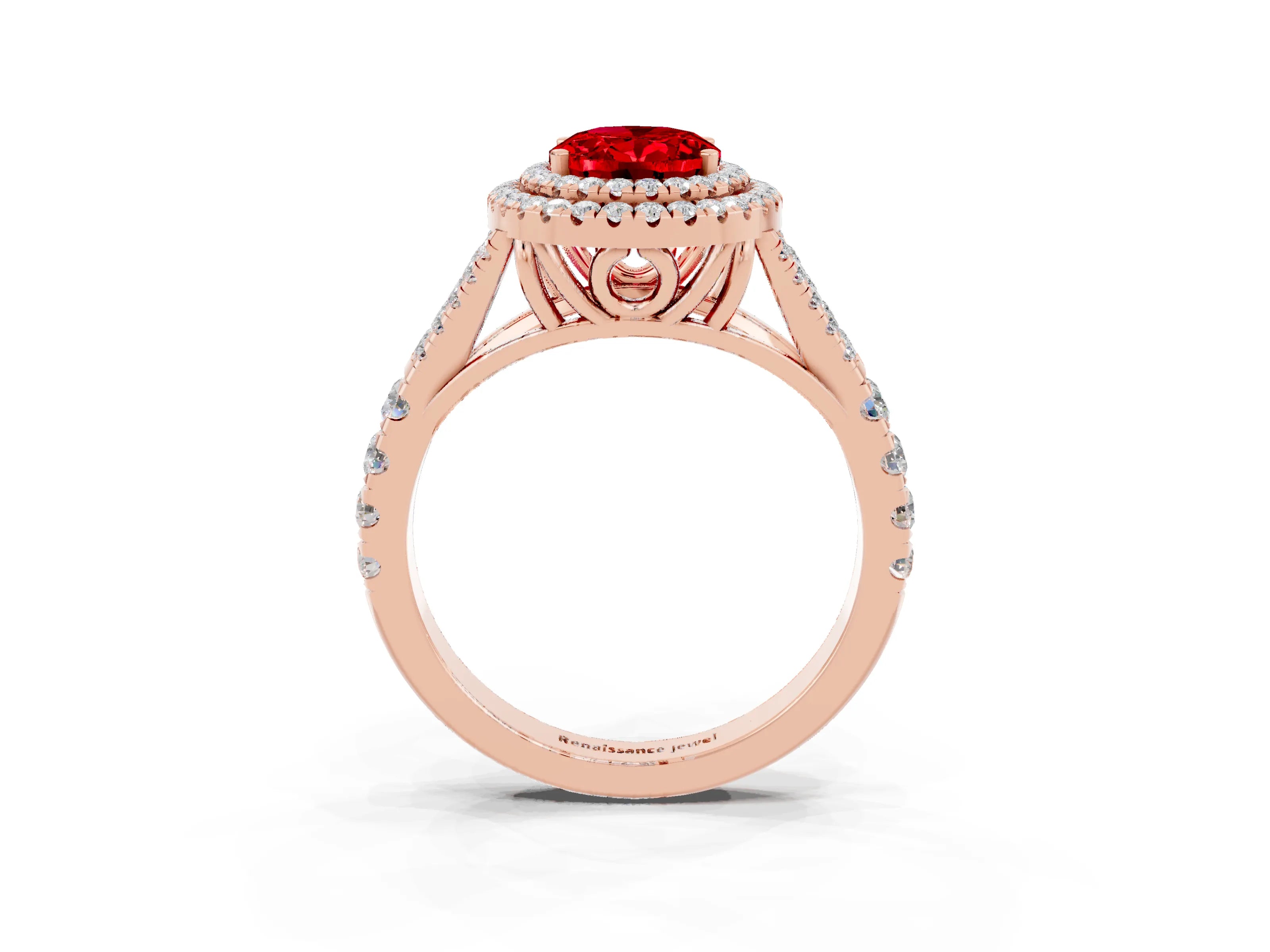 Rose gold Double Halo Oval Cut Ruby Pavé Split Shank Ring with Prong Setting_3