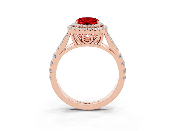 Rose gold Double Halo Oval Cut Ruby Pavé Split Shank Ring with Prong Setting