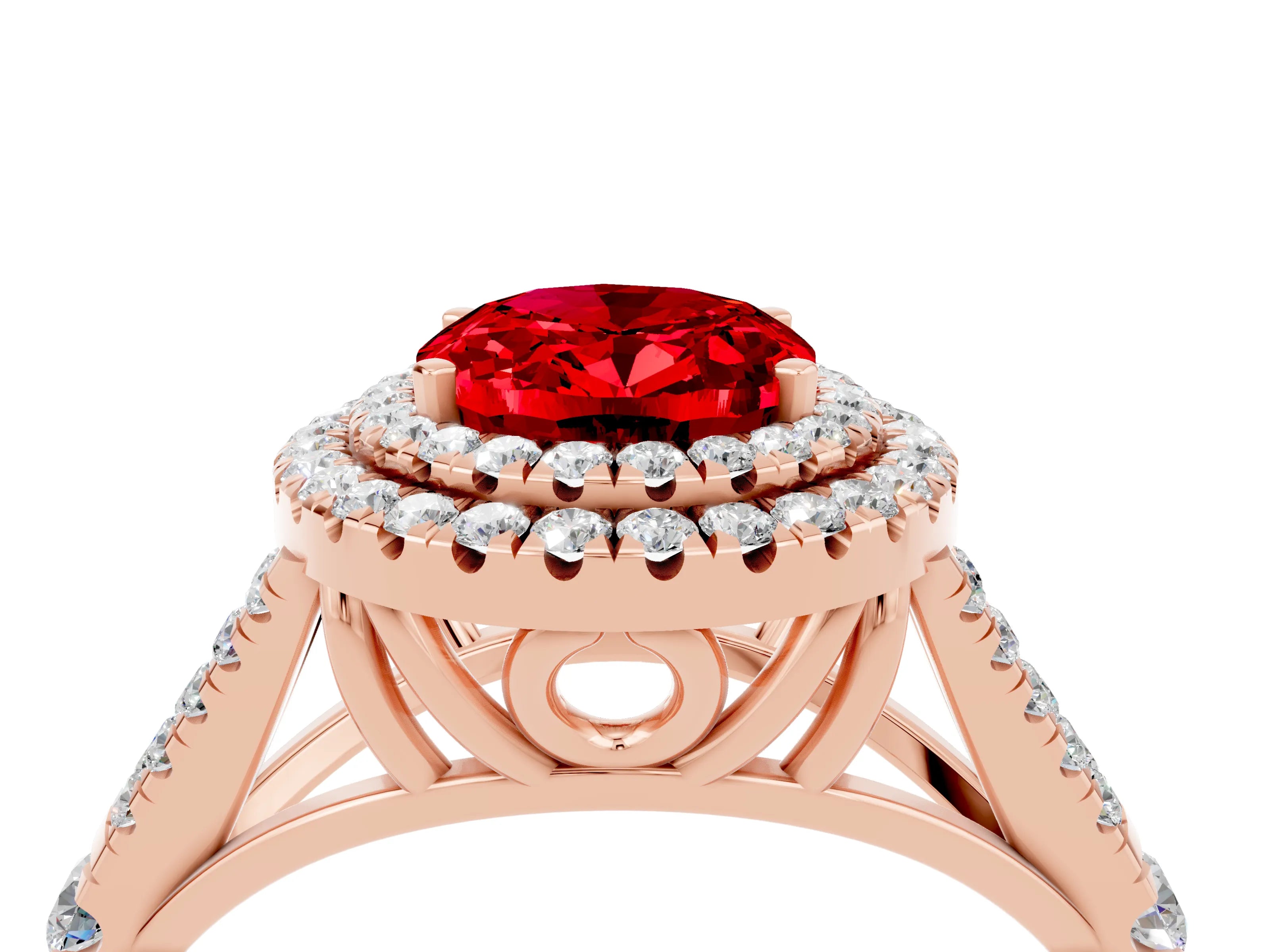 Rose gold Double Halo Oval Cut Ruby Pavé Split Shank Ring with Prong Setting_4