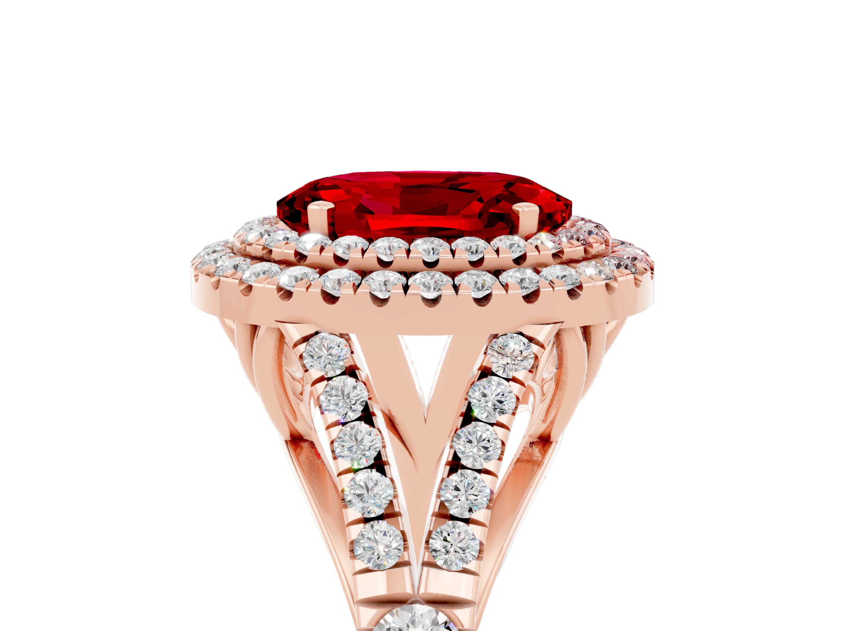 Rose gold Double Halo Oval Cut Ruby Pavé Split Shank Ring with Prong Setting_5