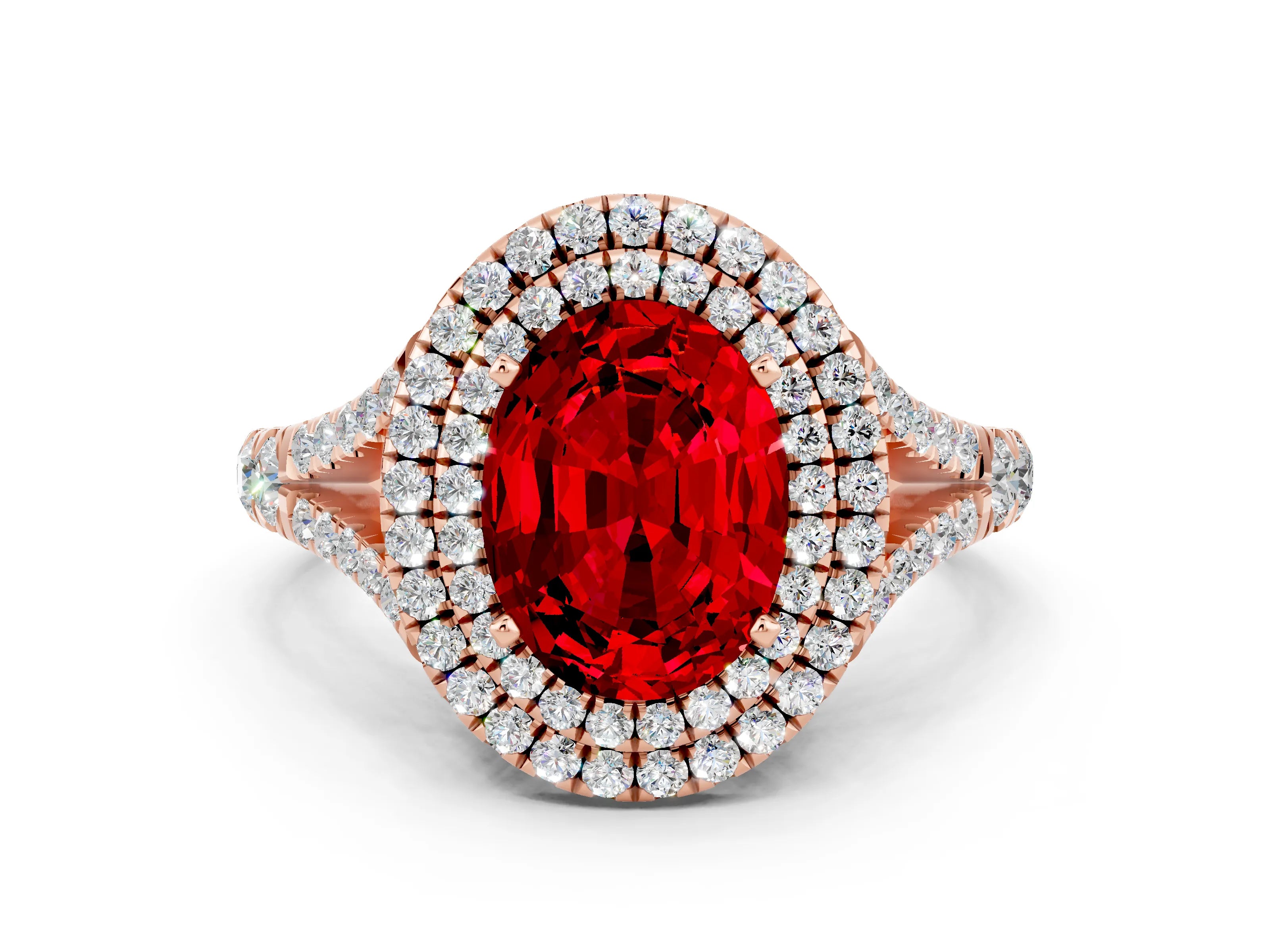 Rose gold Double Halo Oval Cut Ruby Split Shank Engagement Ring with Four-Prong Setting