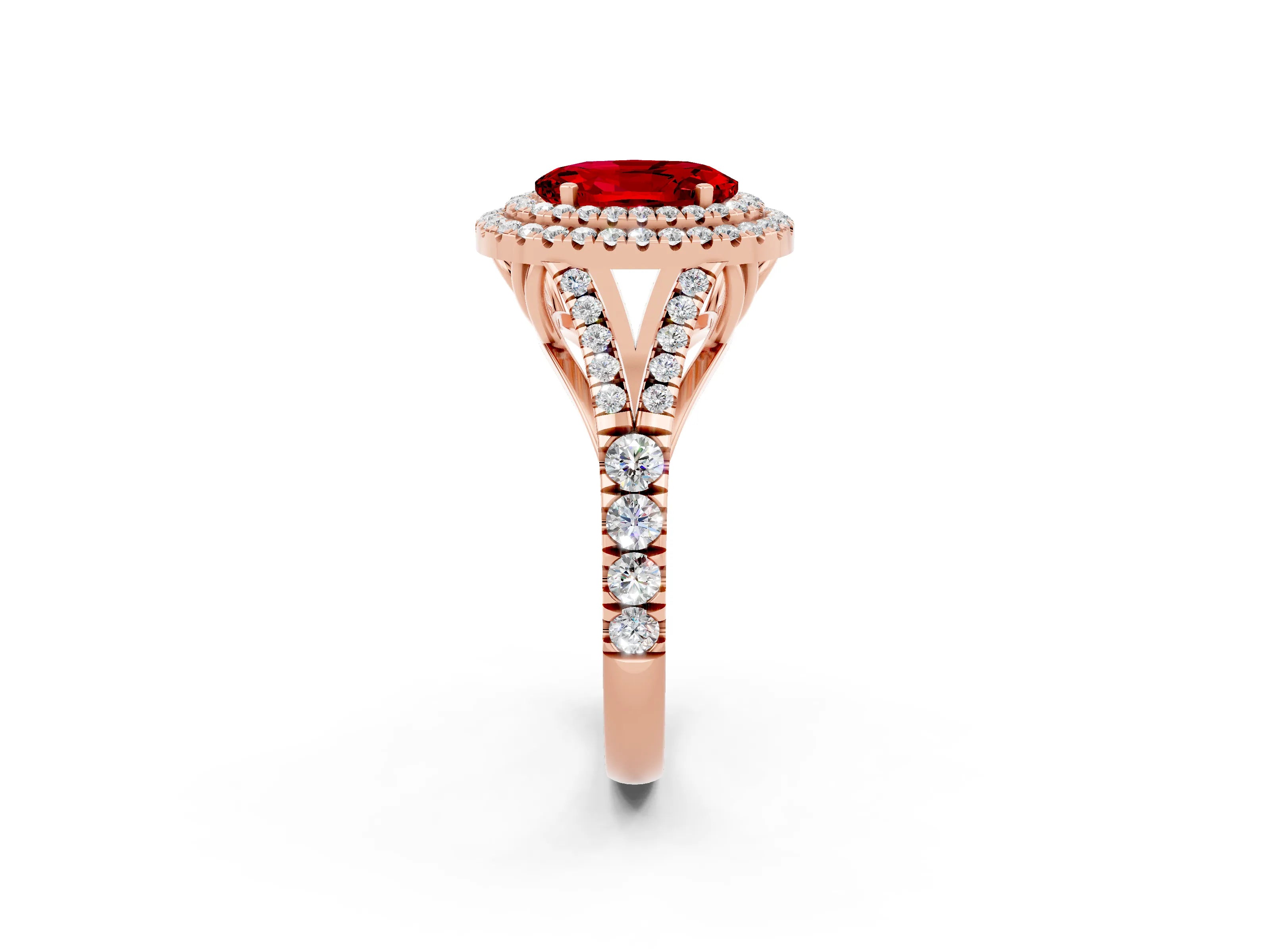 Rose gold Double Halo Oval Cut Ruby Split Shank Engagement Ring with Four-Prong Setting_2