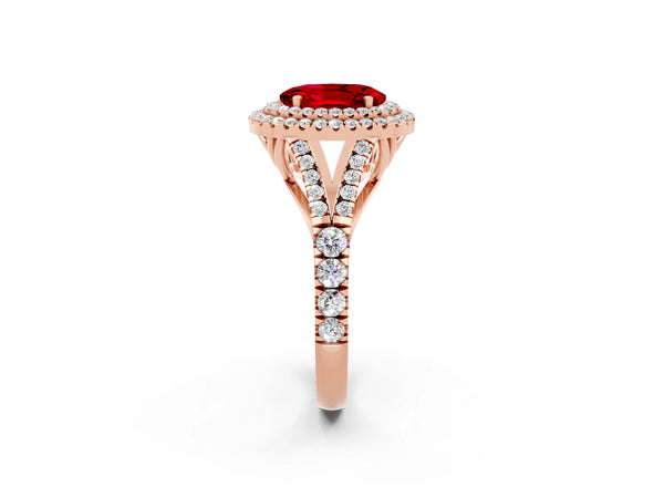 Rose gold Double Halo Oval Cut Ruby Split Shank Engagement Ring with Four-Prong Setting
