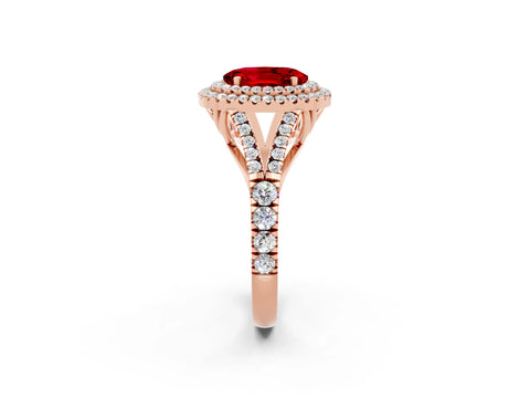 Rose gold Double Halo Oval Cut Ruby Split Shank Engagement Ring with Four-Prong Setting_2