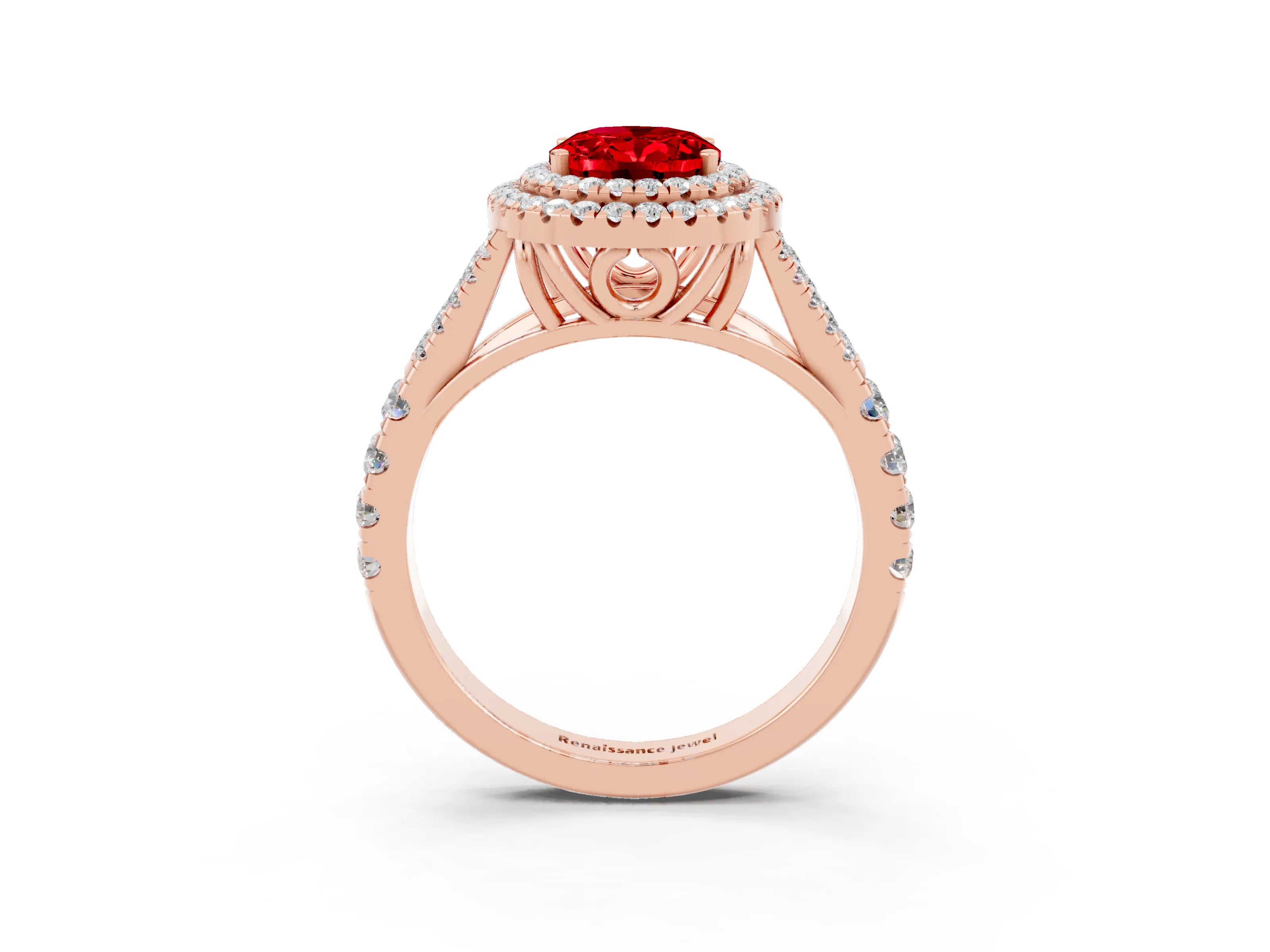 Rose gold Double Halo Oval Cut Ruby Split Shank Engagement Ring with Four-Prong Setting_3