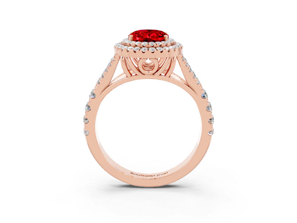 Rose gold Double Halo Oval Cut Ruby Split Shank Engagement Ring with Four-Prong Setting