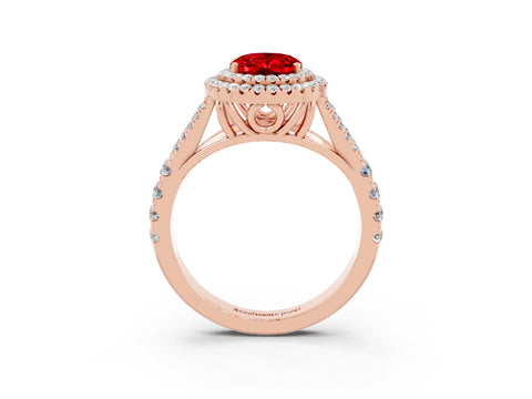 Rose gold Double Halo Oval Cut Ruby Split Shank Engagement Ring with Four-Prong Setting_3