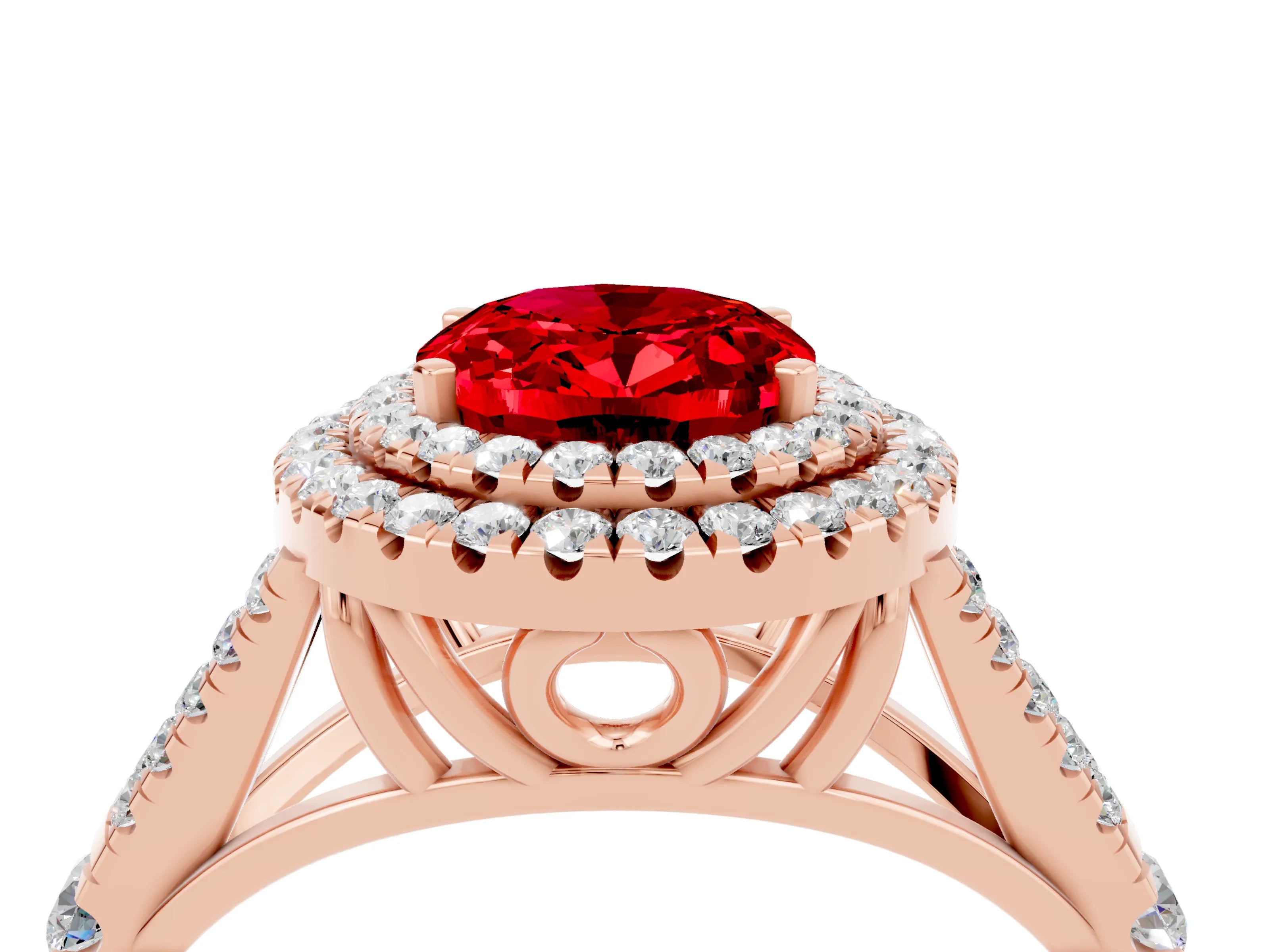 Rose gold Double Halo Oval Cut Ruby Split Shank Engagement Ring with Four-Prong Setting_4