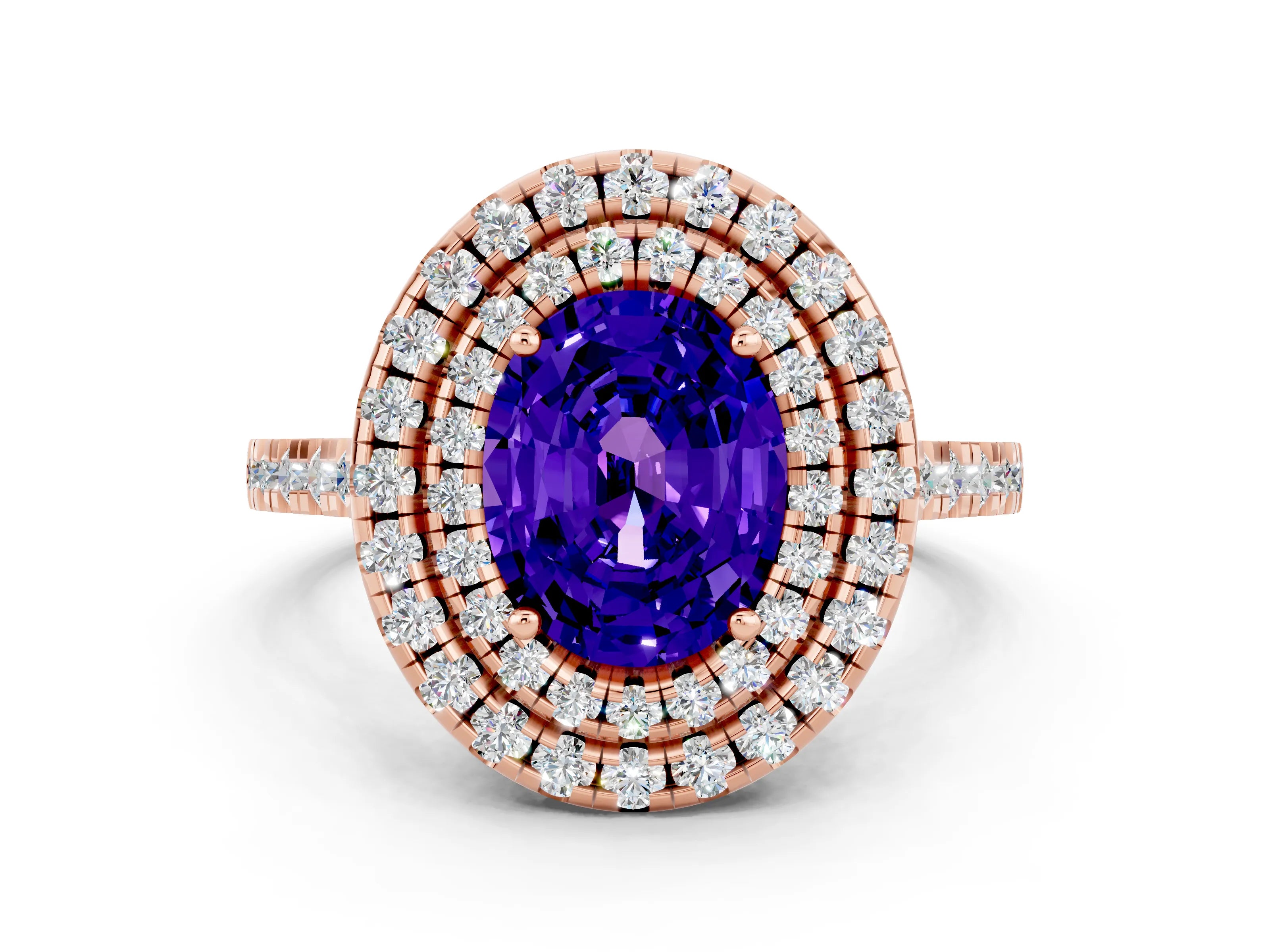 Rose gold Double Halo Oval Cut Tanzanite Pavé Band with Four-Prong Setting