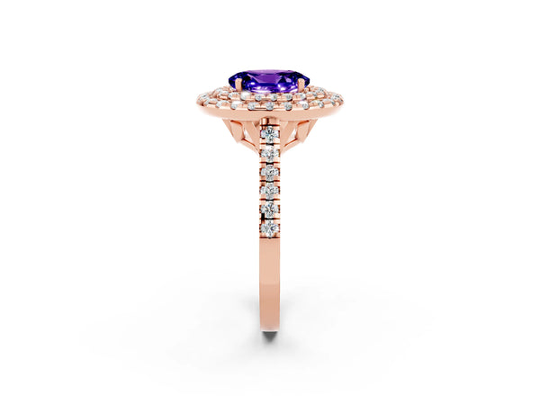 Rose gold Double Halo Oval Cut Tanzanite Pavé Band with Four-Prong Setting