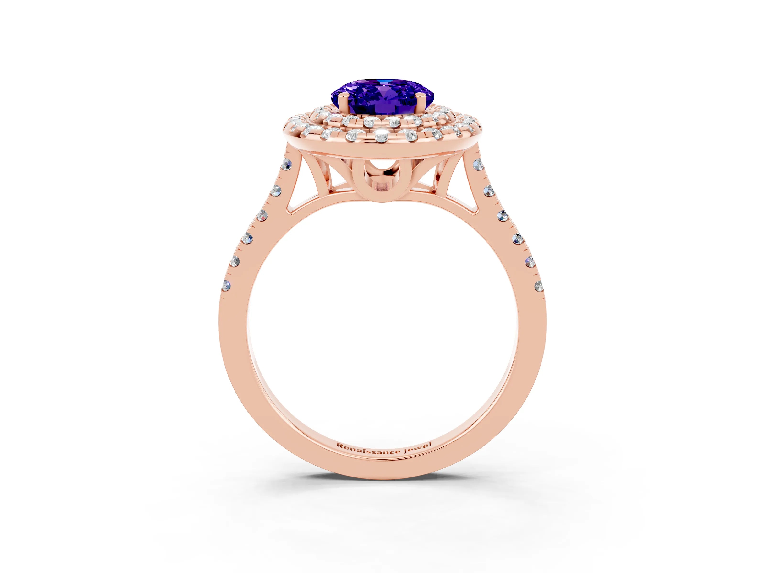 Rose gold Double Halo Oval Cut Tanzanite Pavé Band with Four-Prong Setting_3