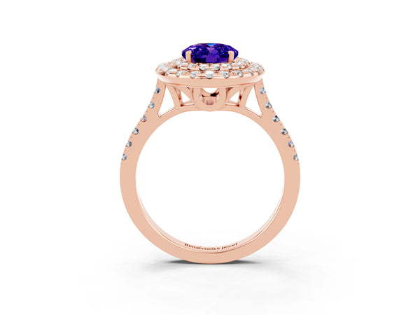 Rose gold Double Halo Oval Cut Tanzanite Pavé Band with Four-Prong Setting