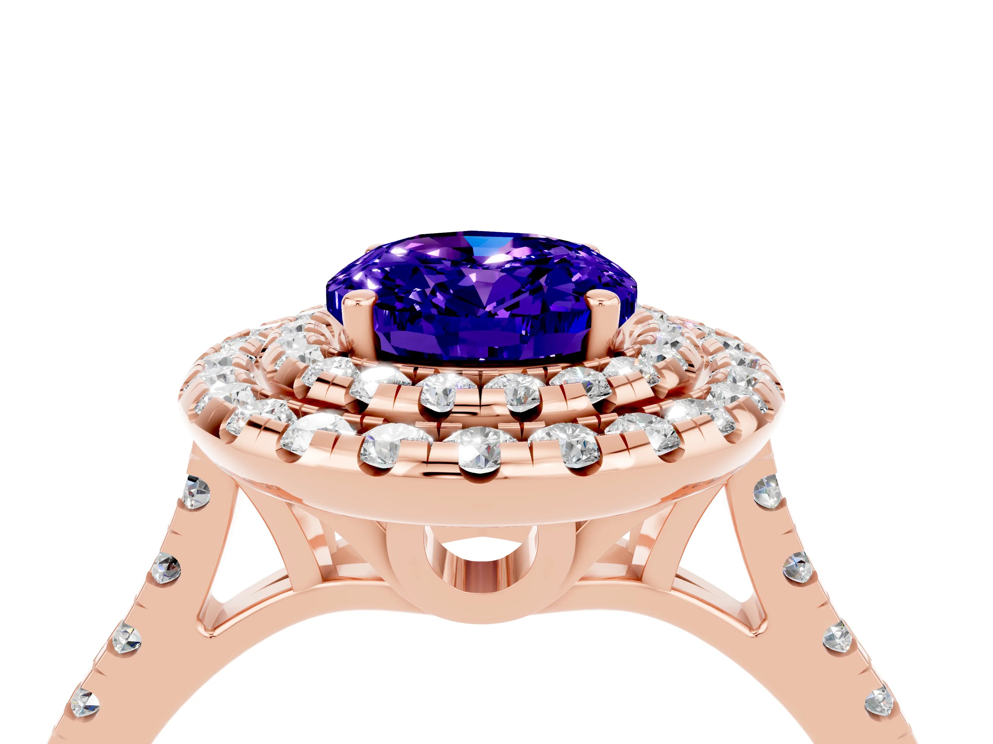 Rose gold Double Halo Oval Cut Tanzanite Pavé Band with Four-Prong Setting_4