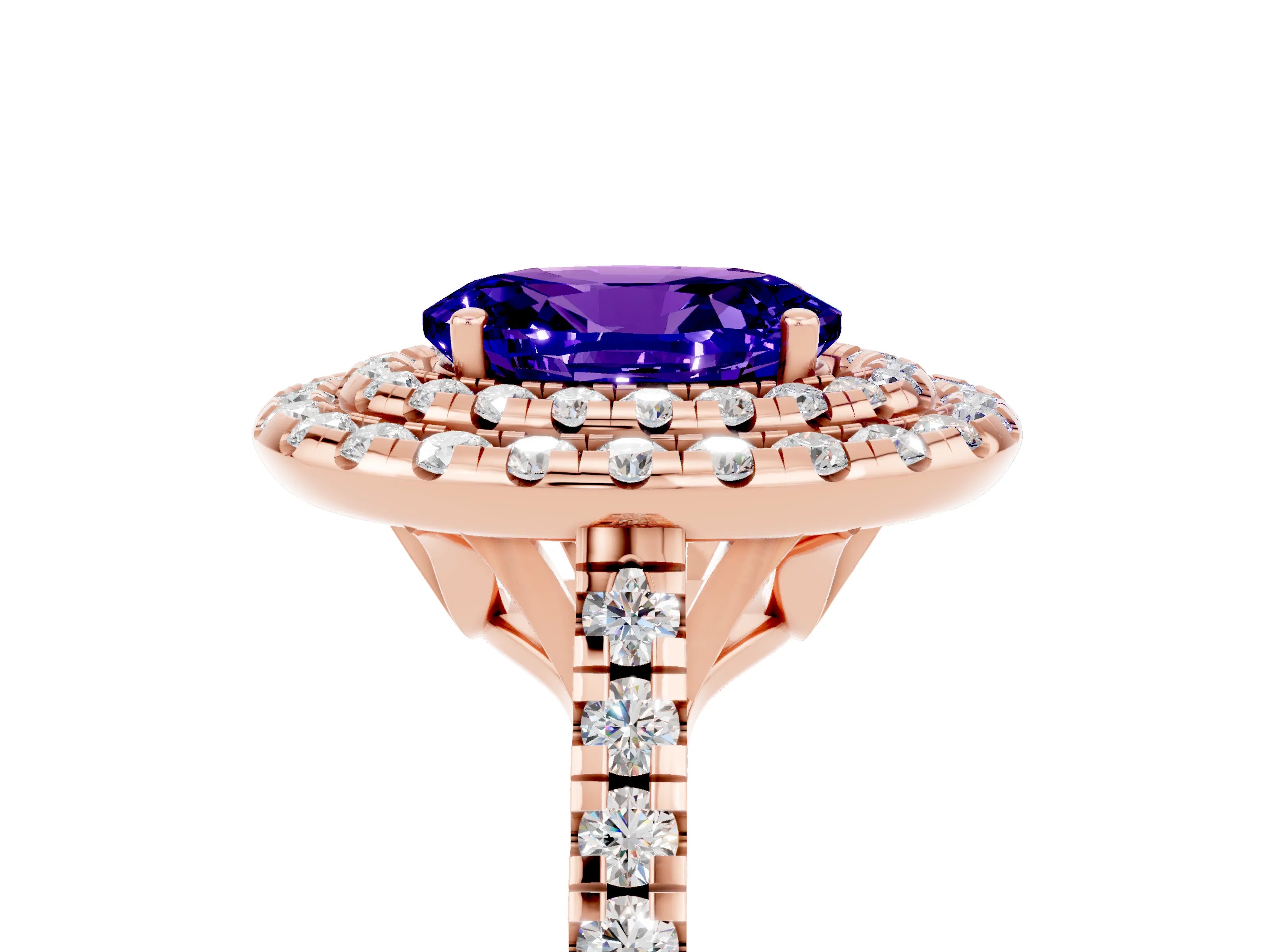 Rose gold Double Halo Oval Cut Tanzanite Pavé Band with Four-Prong Setting_5