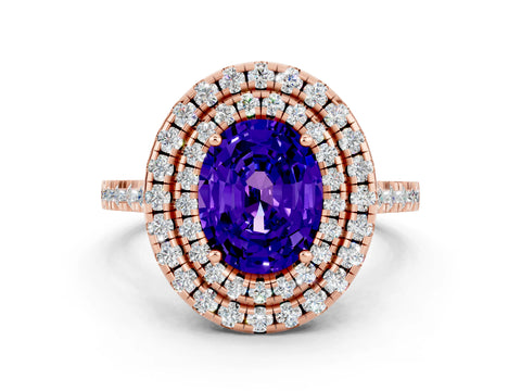 Rose gold Double Halo Oval Cut Tanzanite Pavé Band with Four-Prong Setting
