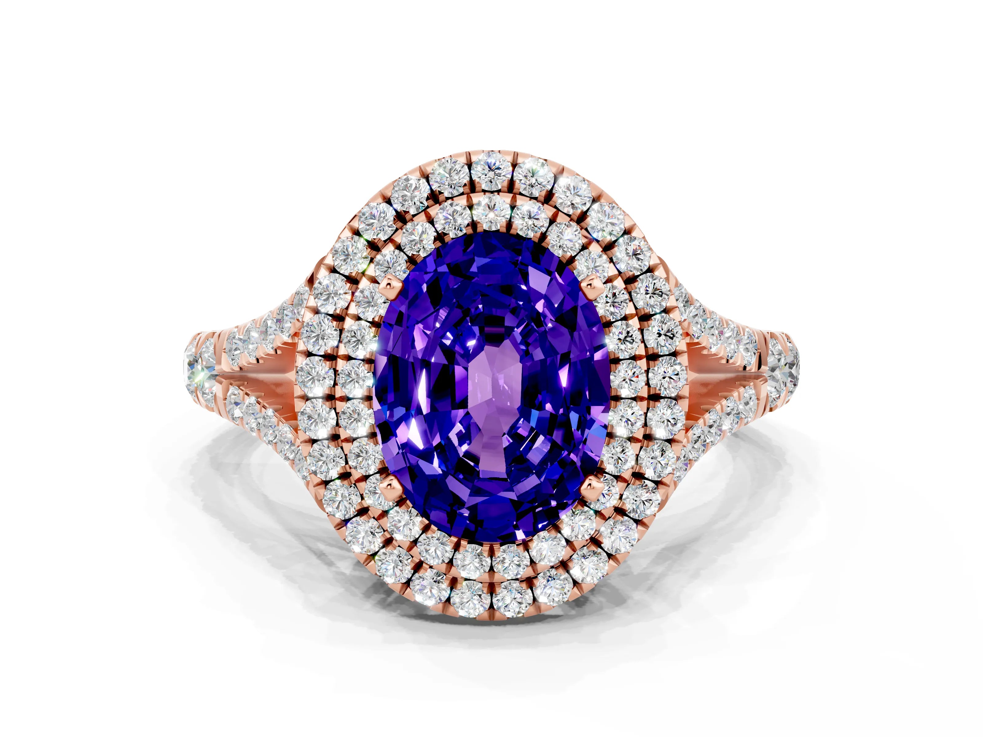 Rose gold Double Halo Oval Cut Tanzanite Pavé Split Shank Ring with Prong Setting
