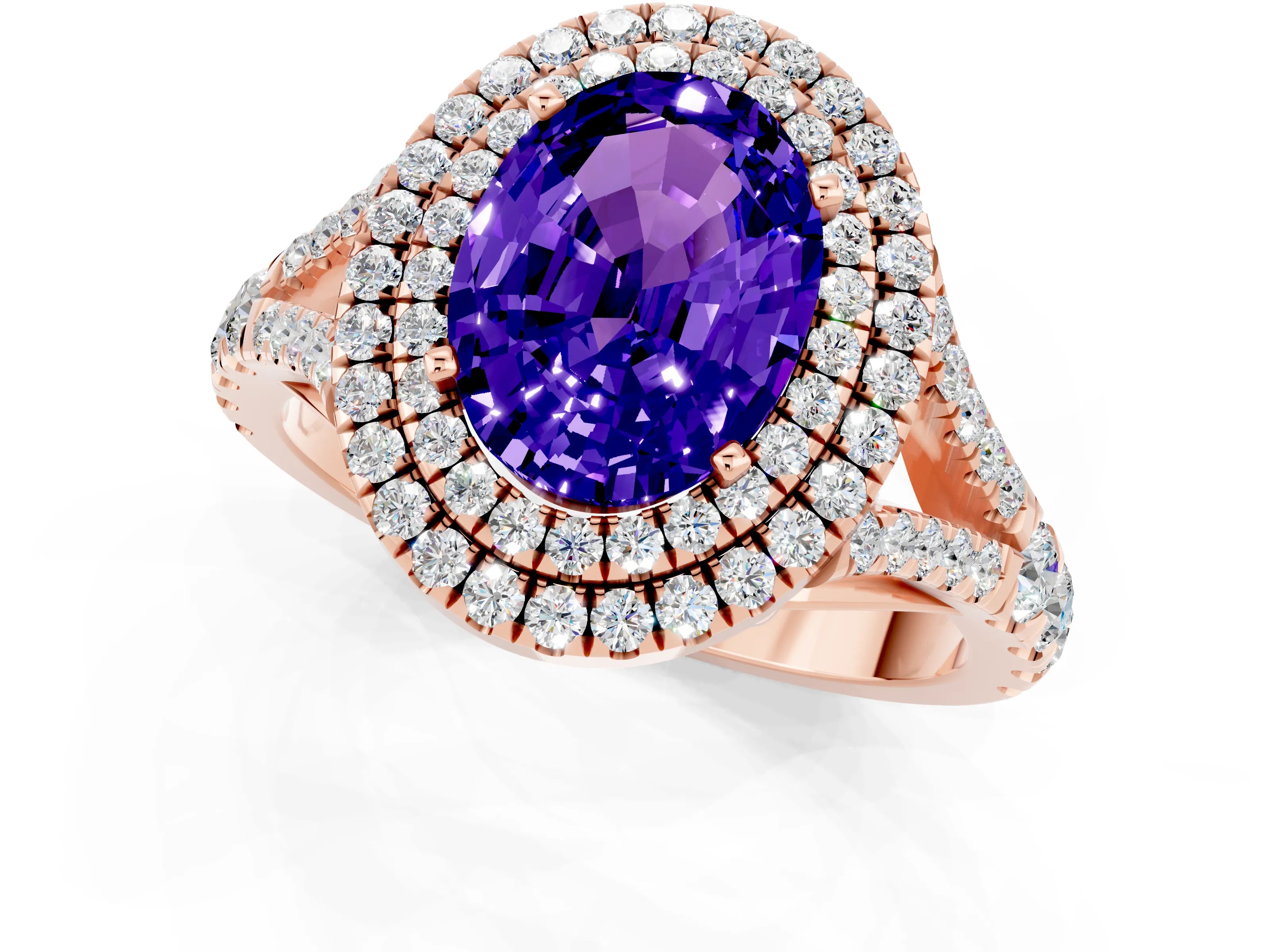 Rose gold Double Halo Oval Cut Tanzanite Pavé Split Shank Ring with Prong Setting_1