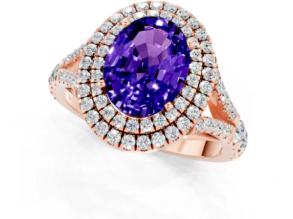 Rose gold Double Halo Oval Cut Tanzanite Pavé Split Shank Ring with Prong Setting