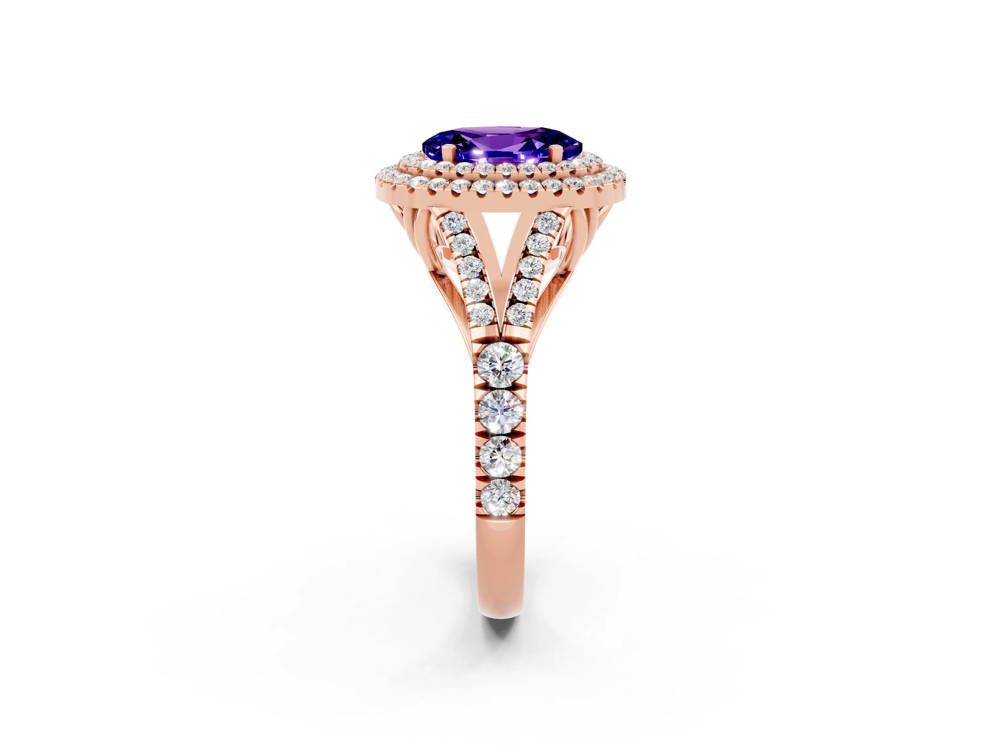 Rose gold Double Halo Oval Cut Tanzanite Pavé Split Shank Ring with Prong Setting_2