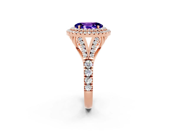 Rose gold Double Halo Oval Cut Tanzanite Pavé Split Shank Ring with Prong Setting