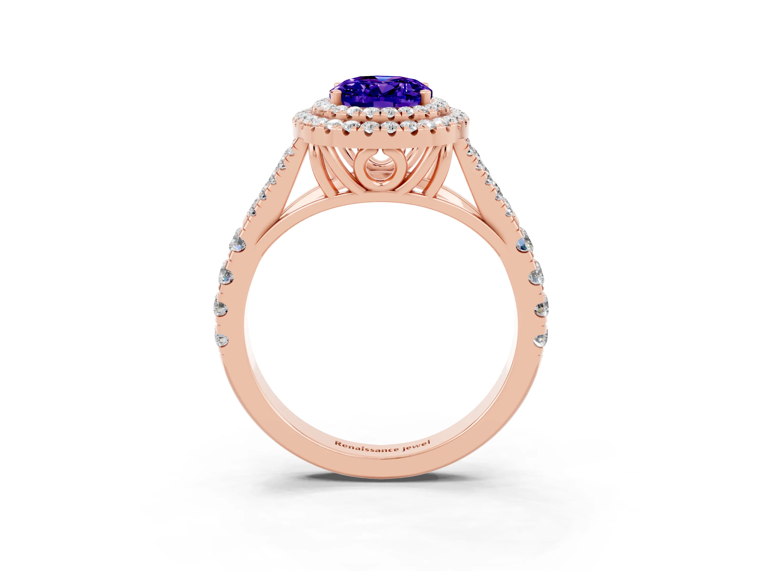 Rose gold Double Halo Oval Cut Tanzanite Pavé Split Shank Ring with Prong Setting_3