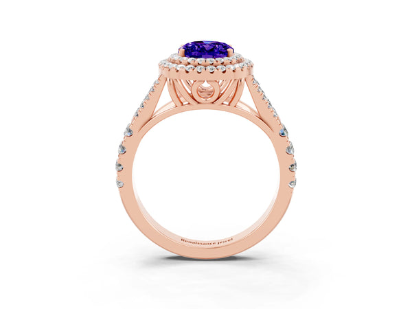 Rose gold Double Halo Oval Cut Tanzanite Pavé Split Shank Ring with Prong Setting