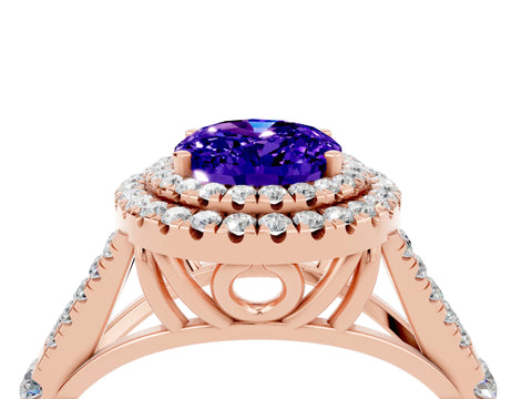 Rose gold Double Halo Oval Cut Tanzanite Pavé Split Shank Ring with Prong Setting_4
