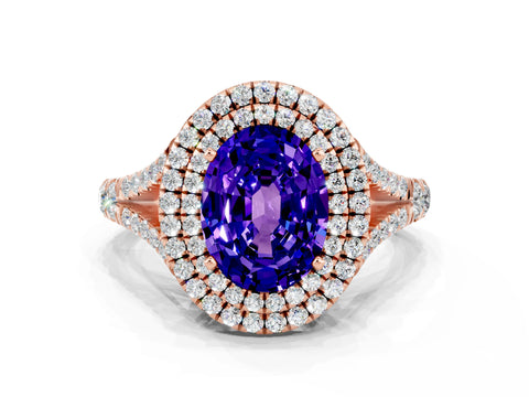 Rose gold Double Halo Oval Cut Tanzanite Pavé Split Shank Ring with Prong Setting