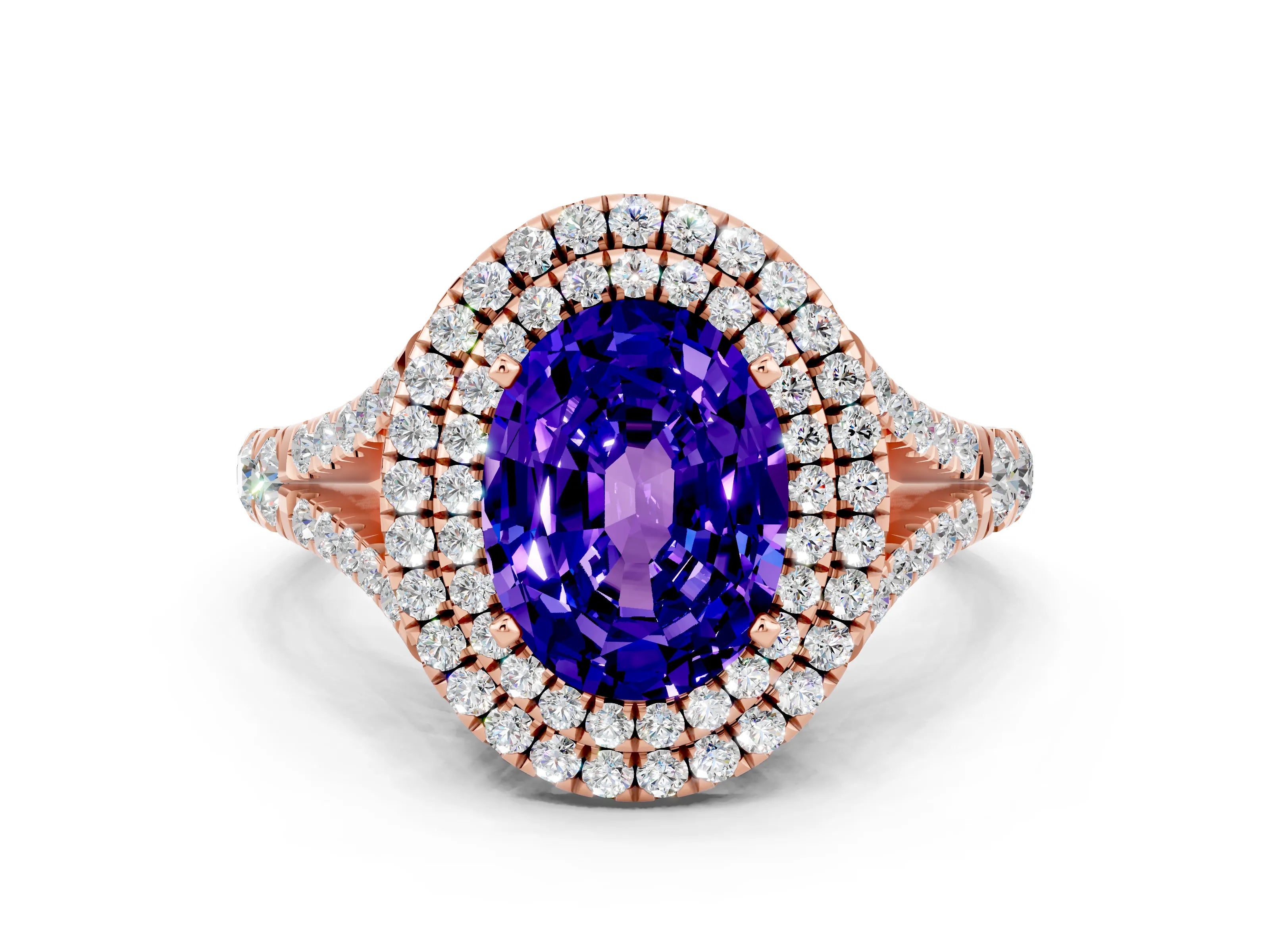 Rose gold Double Halo Oval Cut Tanzanite Split Shank Engagement Ring with Four-Prong Setting