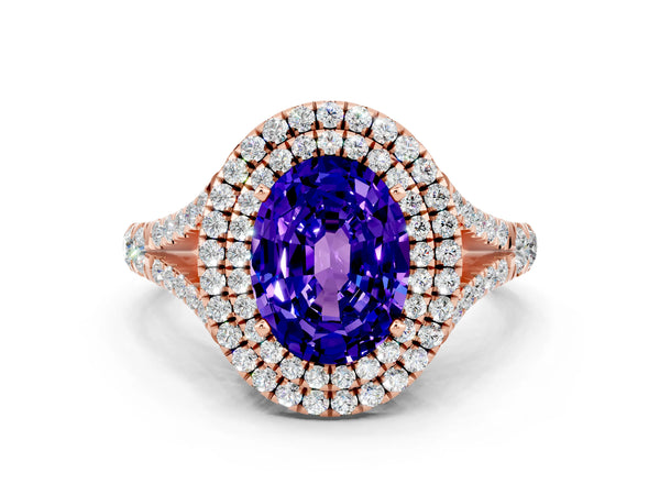 Rose gold Double Halo Oval Cut Tanzanite Split Shank Engagement Ring with Four-Prong Setting