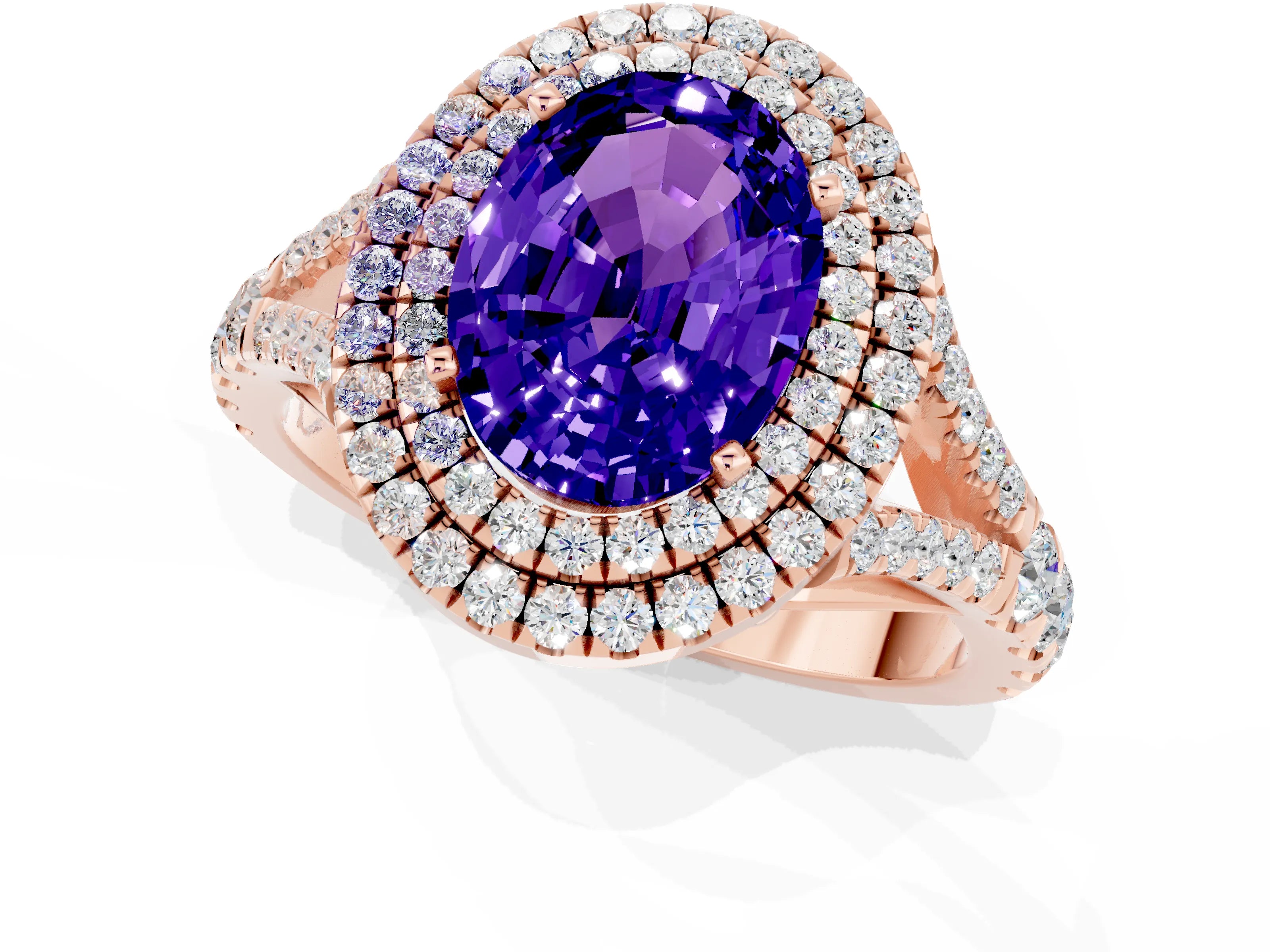 Rose gold Double Halo Oval Cut Tanzanite Split Shank Engagement Ring with Four-Prong Setting_1