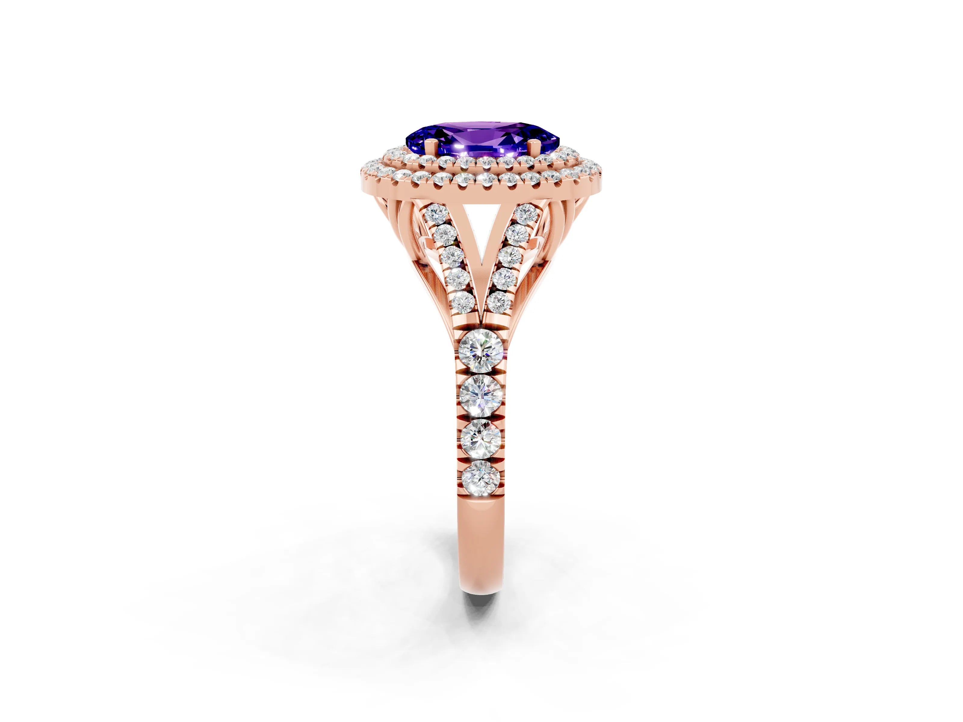Rose gold Double Halo Oval Cut Tanzanite Split Shank Engagement Ring with Four-Prong Setting_2